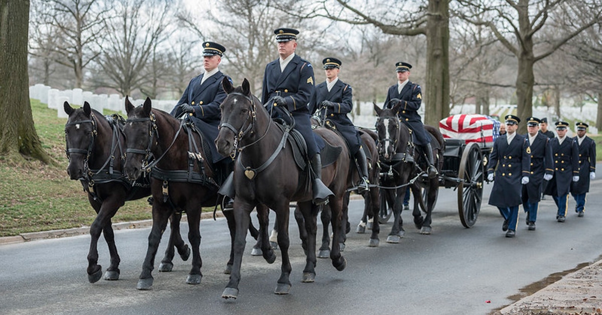 A horse-drawn funeral procession at Arlington National Cemetery.