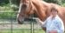 A woman holding a chestnut horse.