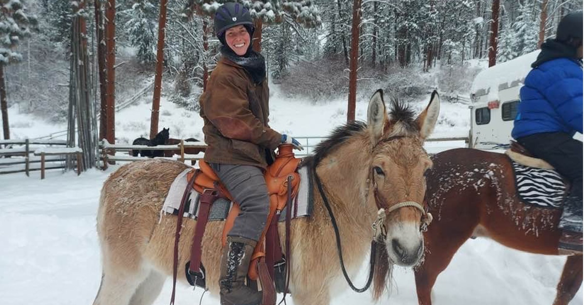 A woman on a mule in the winter.