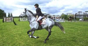 A woman riding a grey horse.